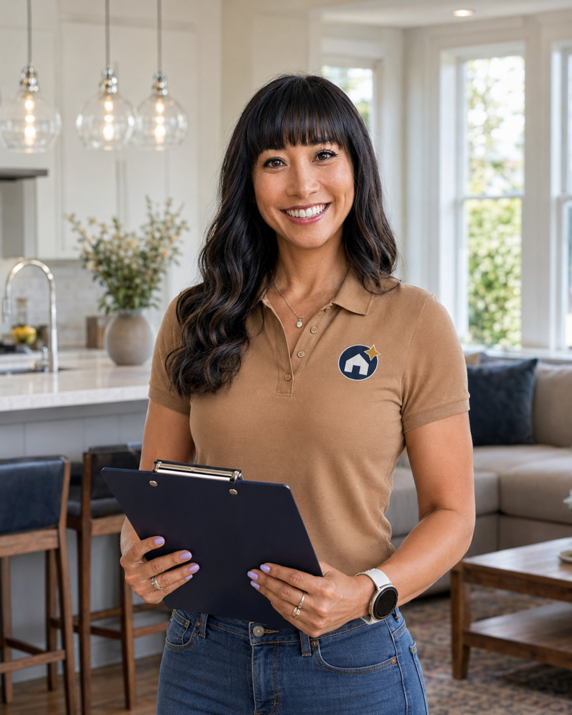 Kate standing in a bright home with her Kate's Cleaning Co. polo and clipboard
